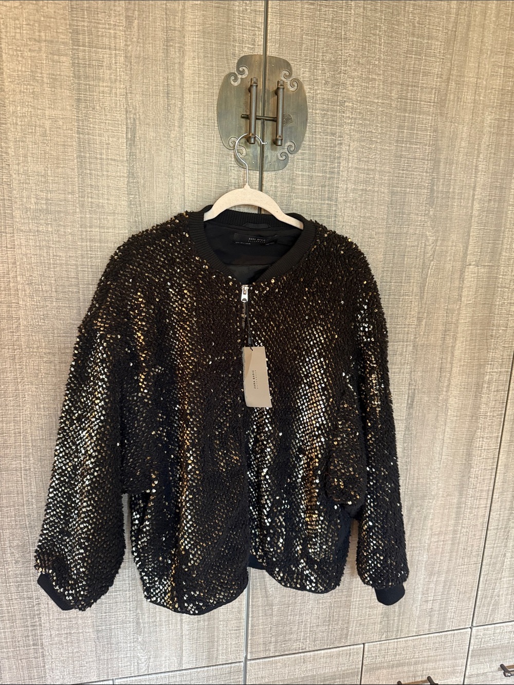 Zara‎ Black And Gold Sequin Bomber Jacket.